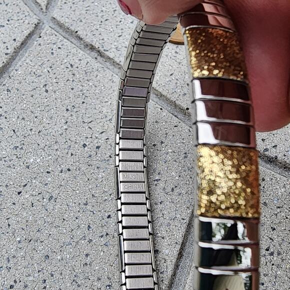 Milor Two Tone Polished Glitter Stainless Steel Stretchy Link Bracelet - Picture 5 of 7